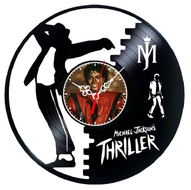 Ceas de perete decorativ realizat din disc de vinil, Model Michael Jackson Thriller Pop Star, Negru, 30 cm