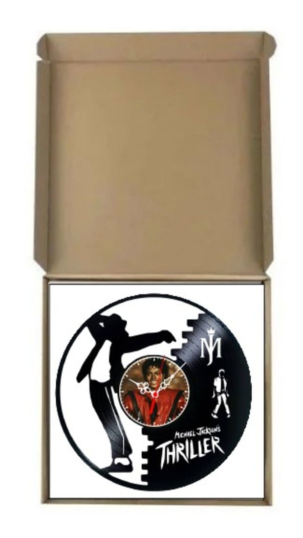 Ceas de perete decorativ realizat din disc de vinil, Model Michael Jackson Thriller Pop Star, Negru, 30 cm