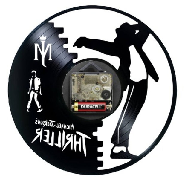 Ceas de perete decorativ realizat din disc de vinil, Model Michael Jackson Thriller Pop Star, Negru, 30 cm