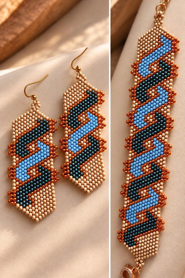 Set Bijuterii Copper Waves Brățară și Cercei din Mărgele