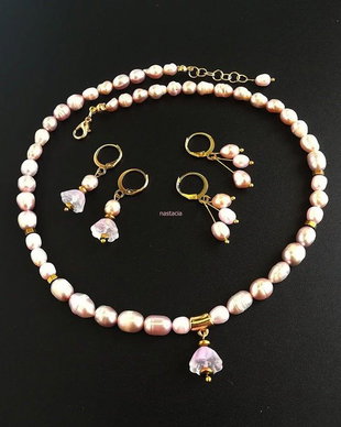 set perle naturale lila rose si flori de lotus