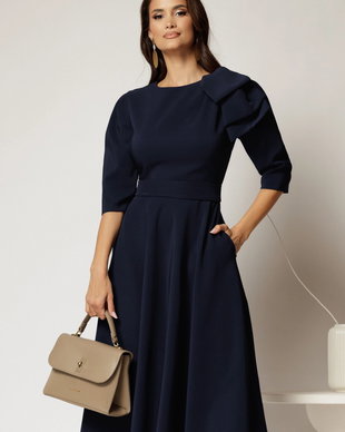 Rochie midi bleumarin clos cu funda ampla pe umar si cordon detasabil