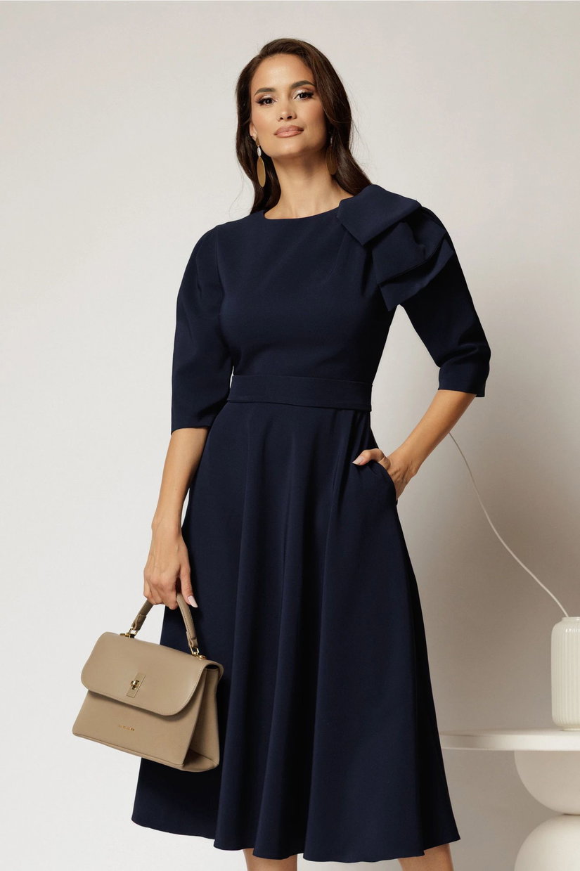 Rochie midi bleumarin clos cu funda ampla pe umar si cordon detasabil