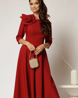 Rochie DY Fashion bordo clos cu trandafir la umar si cordon detasabil