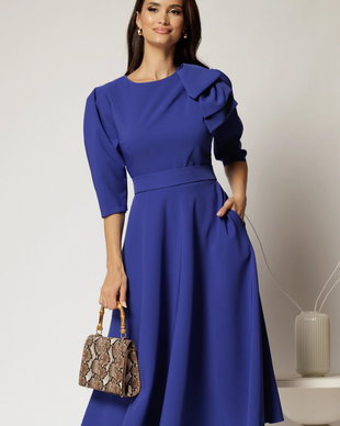 Rochie midi albastra clos cu funda ampla pe umar si cordon detasabil