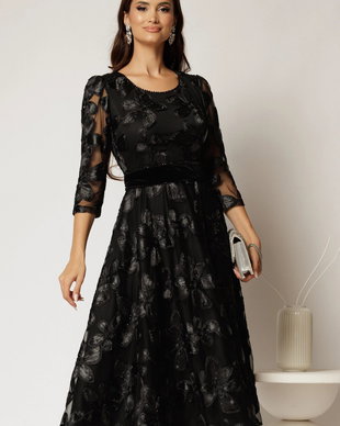 Rochie neagra cu imprimeu floral 3D si cordon catifelat