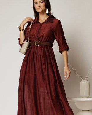 Rochie midi bordo din tencel si curea maro in talie