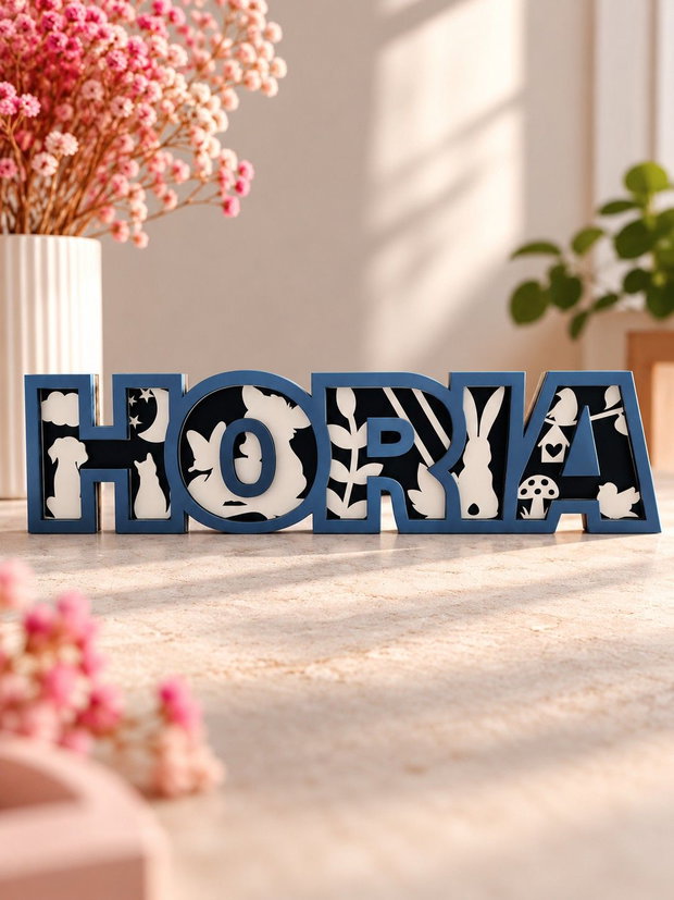 Nume personalizat din lemn, decor 3D stratificat