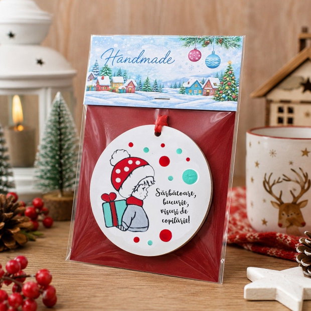 Decoratiune de pom Craciun glob pictat manual cu mesaj