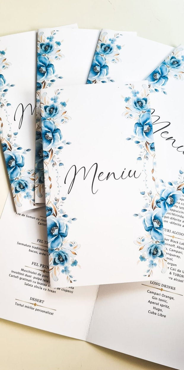 Meniu nunta/botez flori albastre