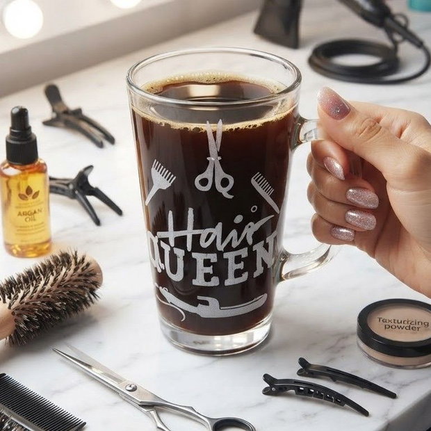 Set cadou pentru COAFEZA - Cană și scrumieră gravate HAIR QUEEN