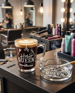 Set cadou pentru COAFEZA - Cană și scrumieră gravate HAIR QUEEN