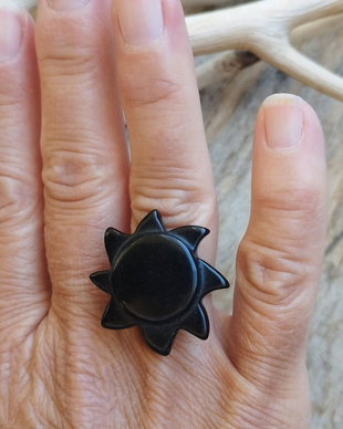 Inel floare obsidian / reglabil, argint rodiat