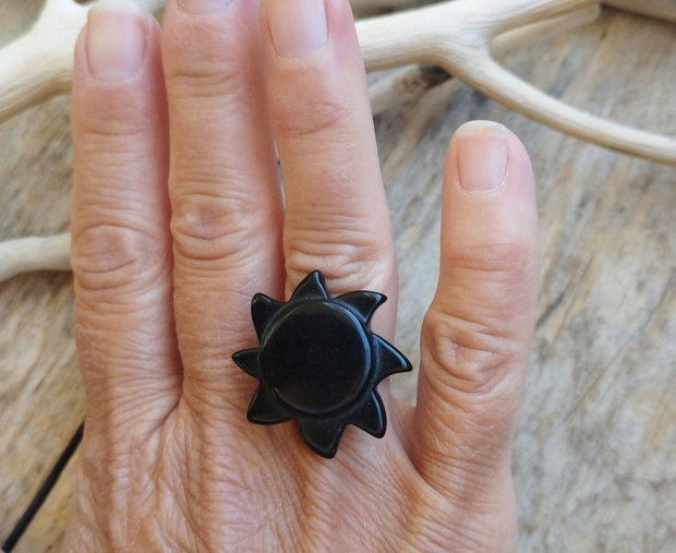 Inel floare obsidian / reglabil, argint rodiat