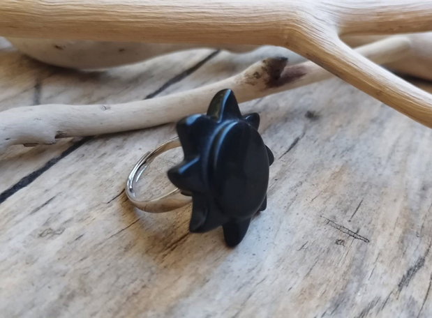 Inel floare obsidian / reglabil, argint rodiat