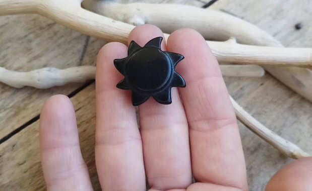 Inel floare obsidian / reglabil, argint rodiat