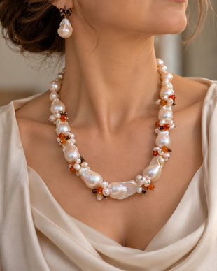 REZERVAT!!!-Set colier și cercei perle baroc,agate și hematit~LADY PEARL~