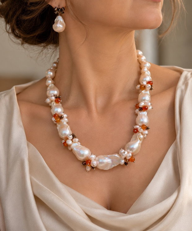 REZERVAT!!!-Set colier și cercei perle baroc,agate și hematit~LADY PEARL~