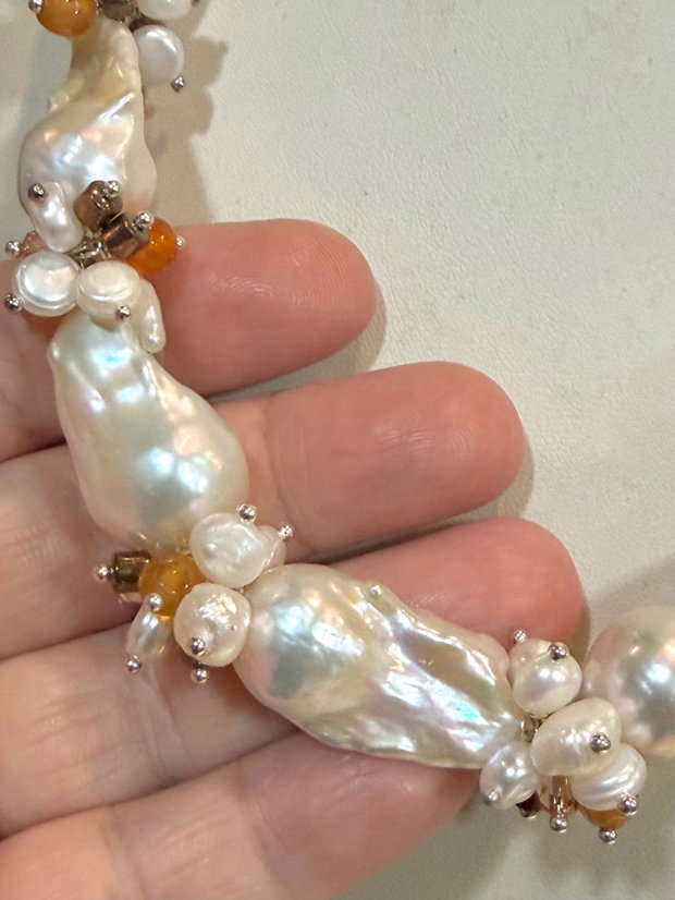 REZERVAT!!!-Set colier și cercei perle baroc,agate și hematit~LADY PEARL~