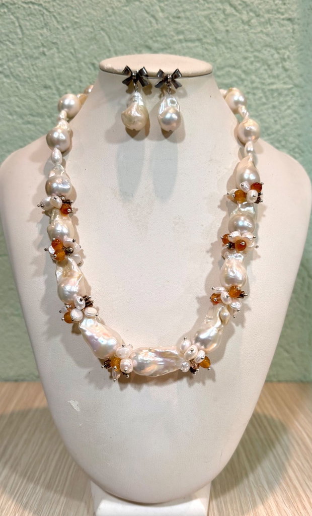 REZERVAT!!!-Set colier și cercei perle baroc,agate și hematit~LADY PEARL~