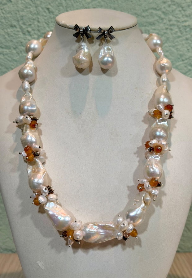 REZERVAT!!!-Set colier și cercei perle baroc,agate și hematit~LADY PEARL~