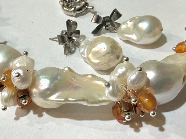REZERVAT!!!-Set colier și cercei perle baroc,agate și hematit~LADY PEARL~