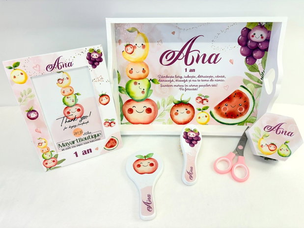 Set aniversar personalizat 1 anisor - Fructe- Tavita mot si accesorii