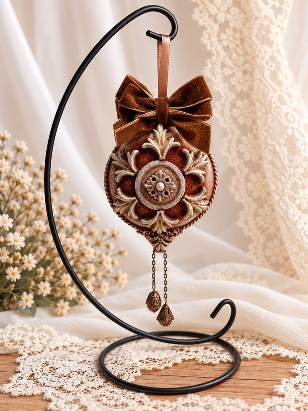 Ornament-ceas vintage - decor de Crăciun, lucrat manual, două fețe