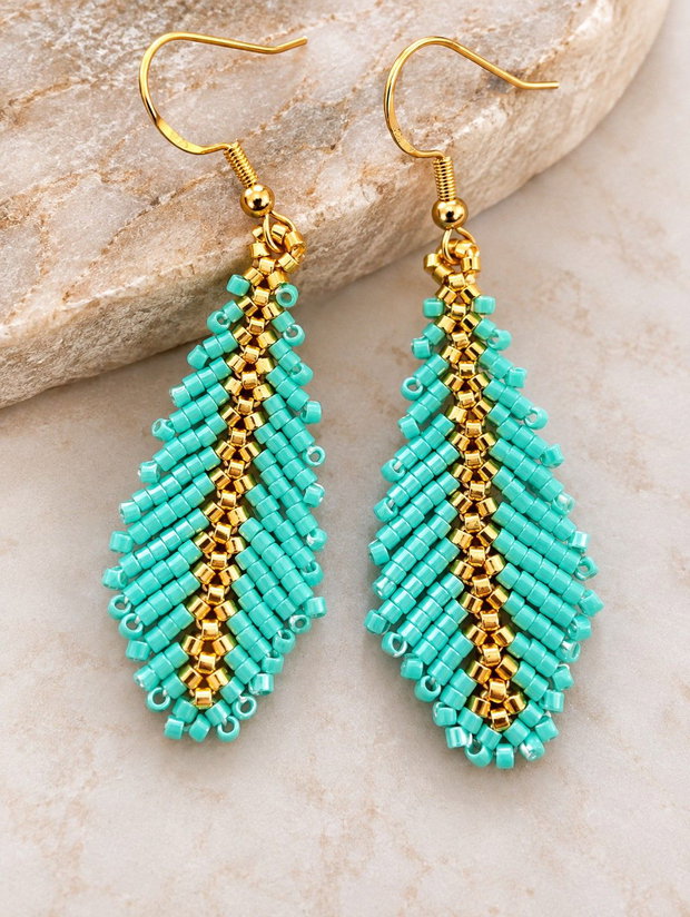 Cercei pana turquoise auriu