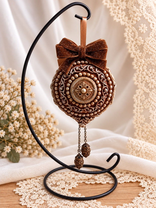 Ornament-ceas vintage - decor de Crăciun, lucrat manual, două fețe