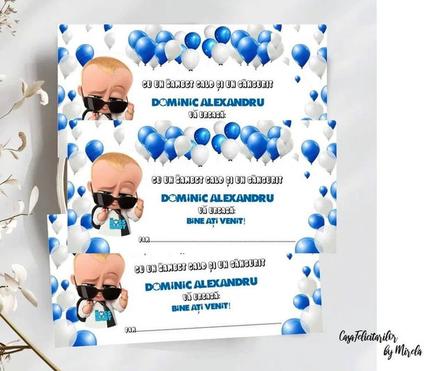 Plicuri bani botez băieți Baby Boss cu baloane albastre