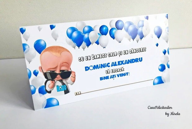 Plicuri bani botez băieți Baby Boss cu baloane albastre