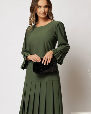 Rochie midi kaki cu croi drept si pliuri la baza fustei