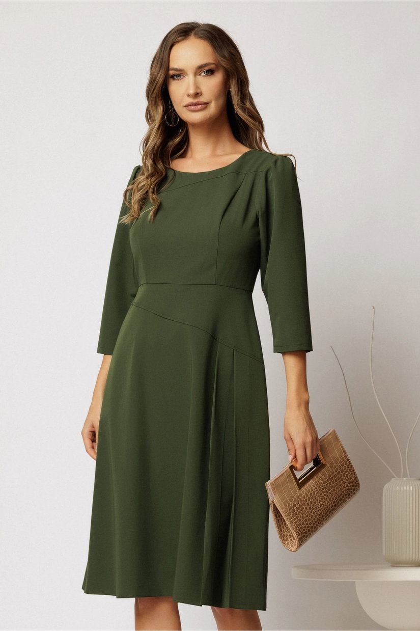 Rochie midi kaki cu pliuri pe fusta si croi evazat