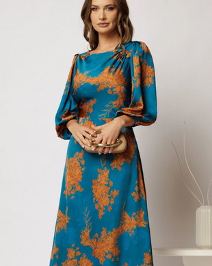 Rochie midi din satin turcoaz cu imprimeu caramiziu