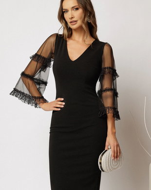 Rochie neagra eleganta cu maneci largi transparente si detalii din dantela