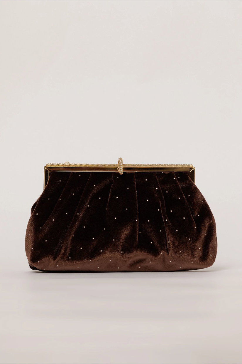 Clutch plic maro catifelat decorat cu pietre stralucitoare