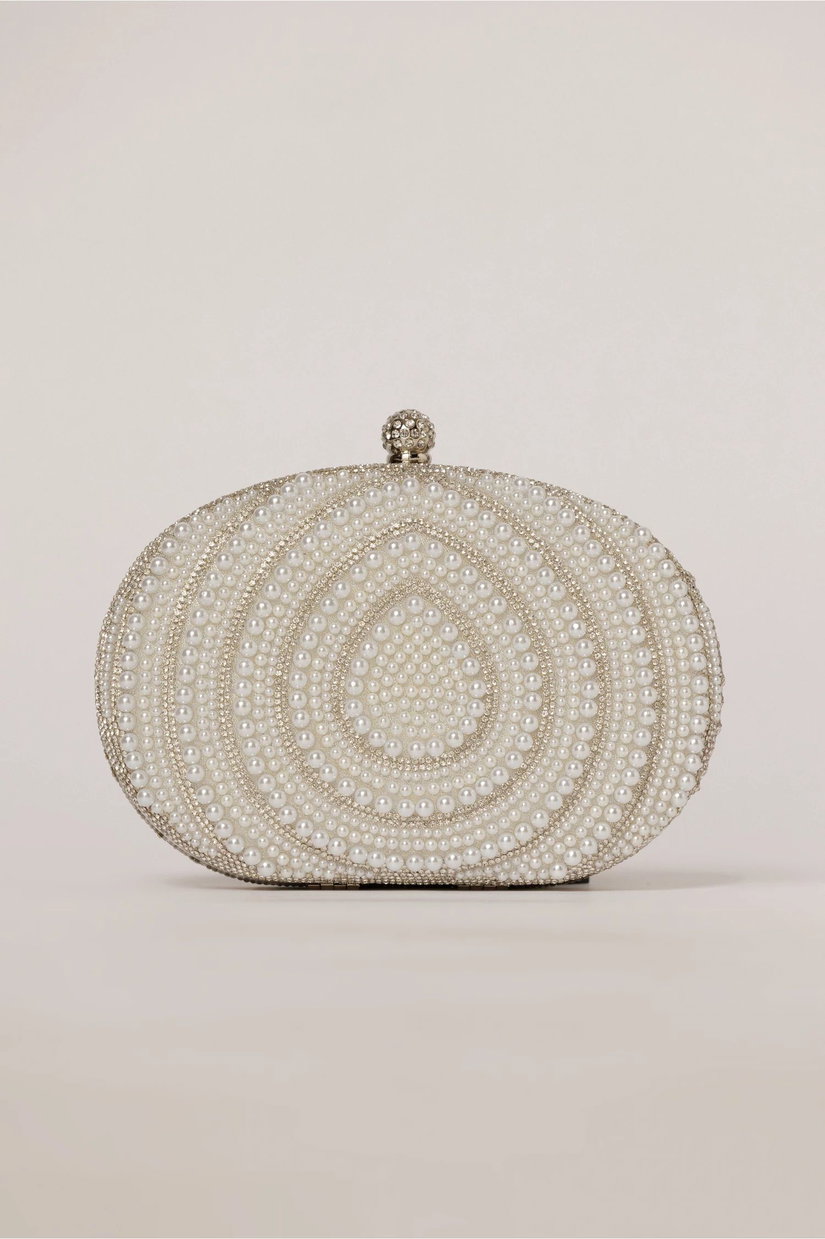 Clutch de ocazie argintiu decorat cu strasuri si perlute