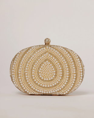 Clutch de ocazie auriu decorat cu strasuri si perlute