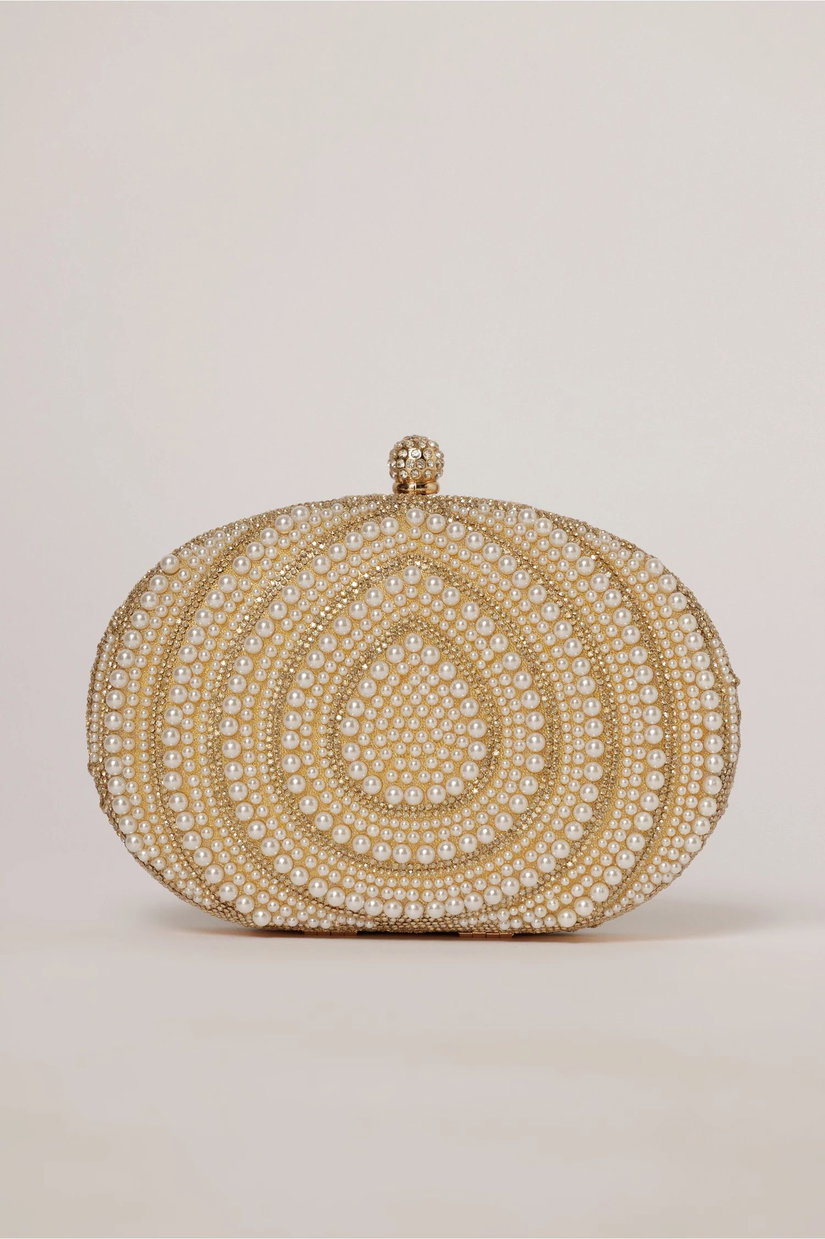 Clutch de ocazie auriu decorat cu strasuri si perlute