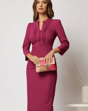 Rochie DY Fashion midi magenta conica cu decolteu in V si nasturi