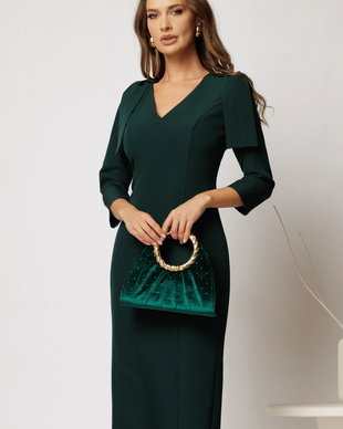 Rochie DY Fashion midi verde conica cu croi cambrat si funde pe umeri