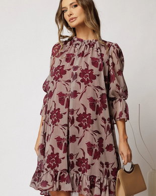 Rochie DY Fashion scurta bej cu imprimeu magenta din voal creponat