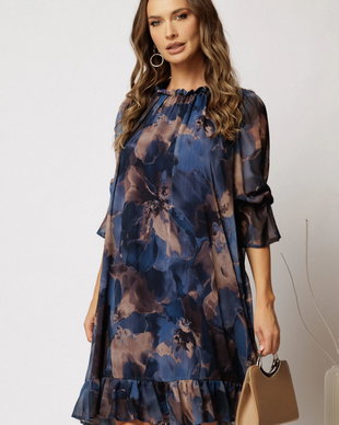 Rochie DY Fashion scurta bleumarin cu imprimeu bej din voal creponat