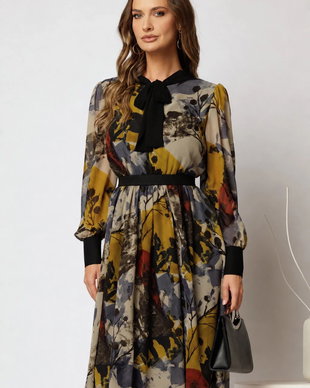 Rochie DY Fashion midi din voal cu imprimeuri negre si cordon in talie