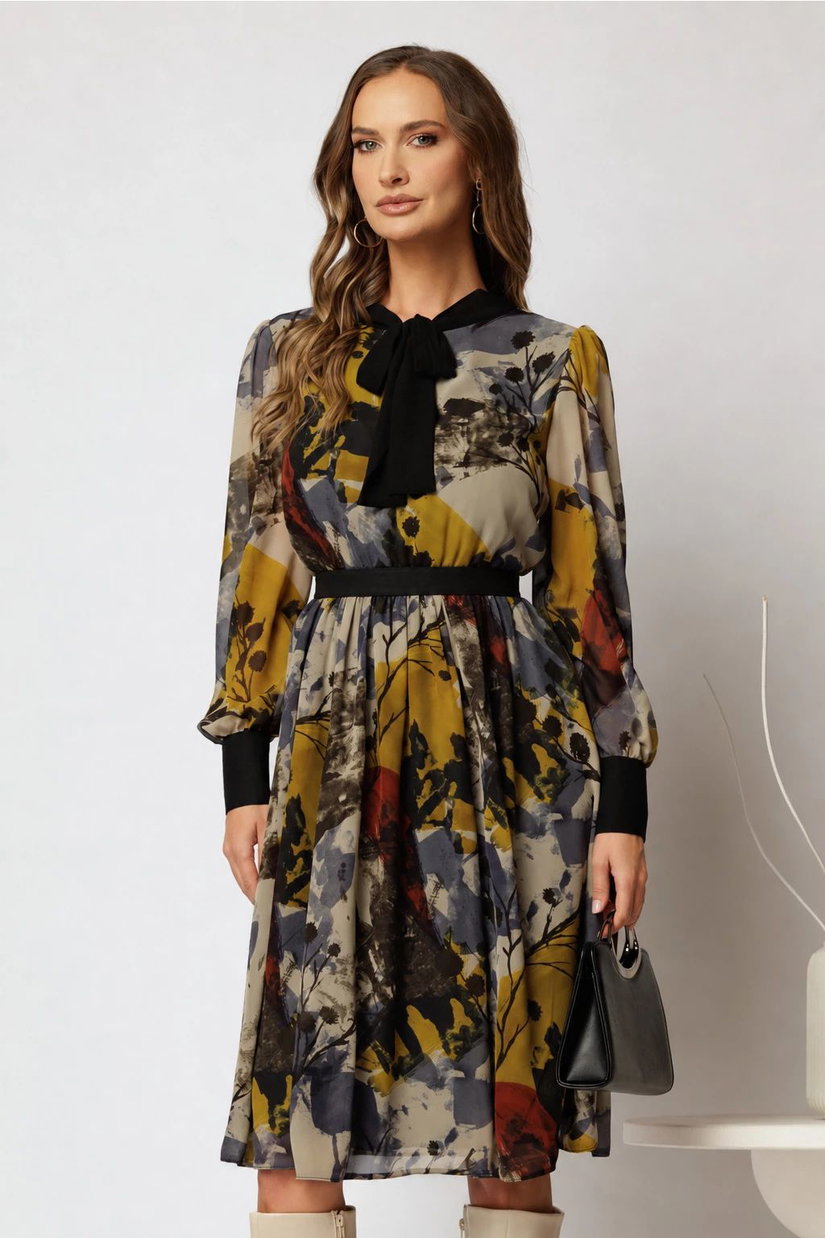 Rochie DY Fashion midi din voal cu imprimeuri negre si cordon in talie