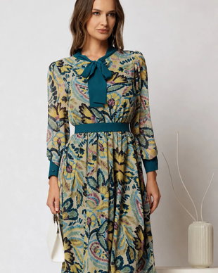 Rochie DY Fashion midi din voal cu imprimeuri turcoaz si cordon in talie