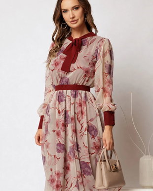 Rochie DY Fashion midi din voal cu imprimeuri bordo si cordon in talie