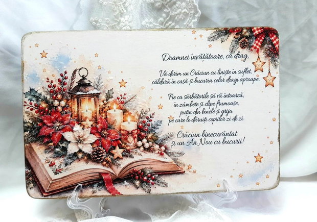 Plachetă decorativă din lemn masiv - cadou de Crăciun pentru învățătoare, educatoare