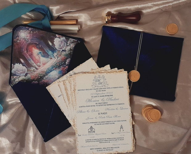 Invitație de nuntă vintage cu margini texturate și plic de catifea